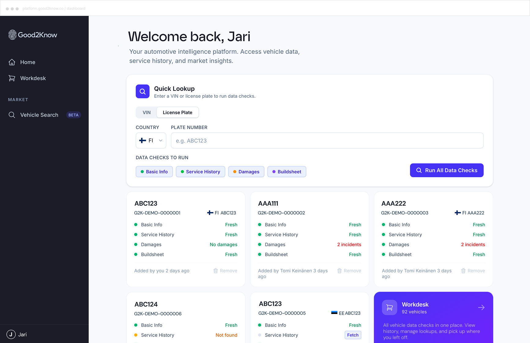 Good2Know platform dashboard