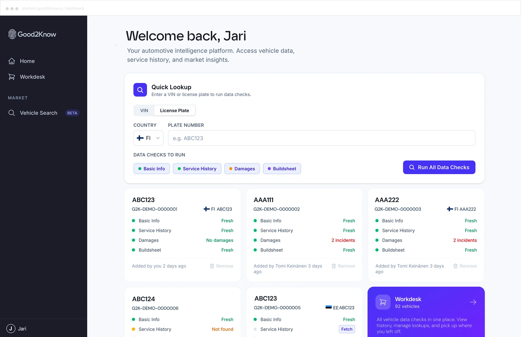 Good2Know platform dashboard