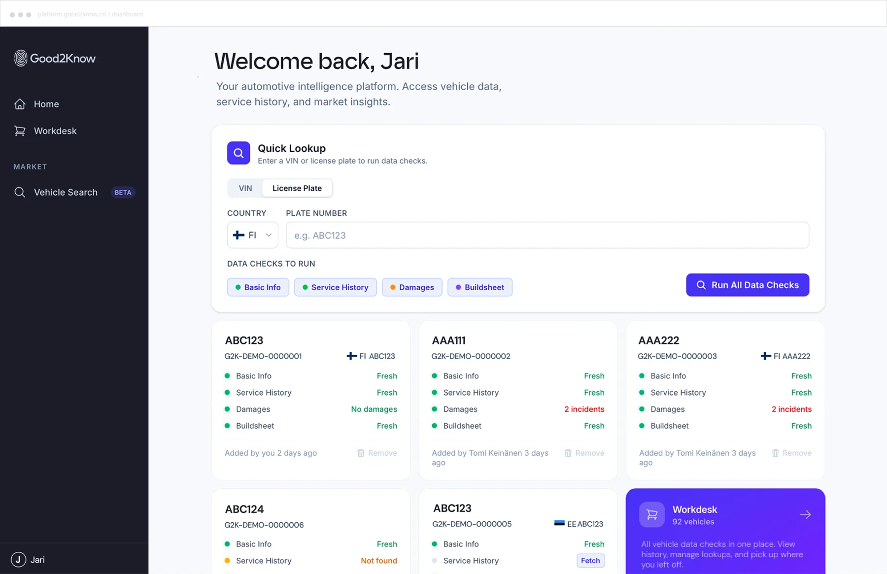 Good2Know platform dashboard